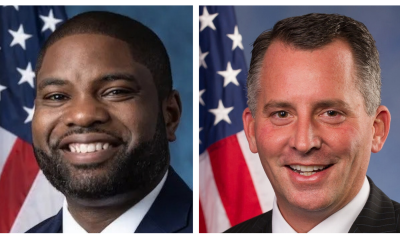 Byron Donalds, left, and David Jolly, right, pictured in separate portraits with American flags behind them.